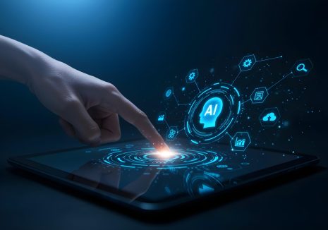 Finger tapping AI interface on digital tablet with circular tech pattern and futuristic neural network AI Agent AGI ASI